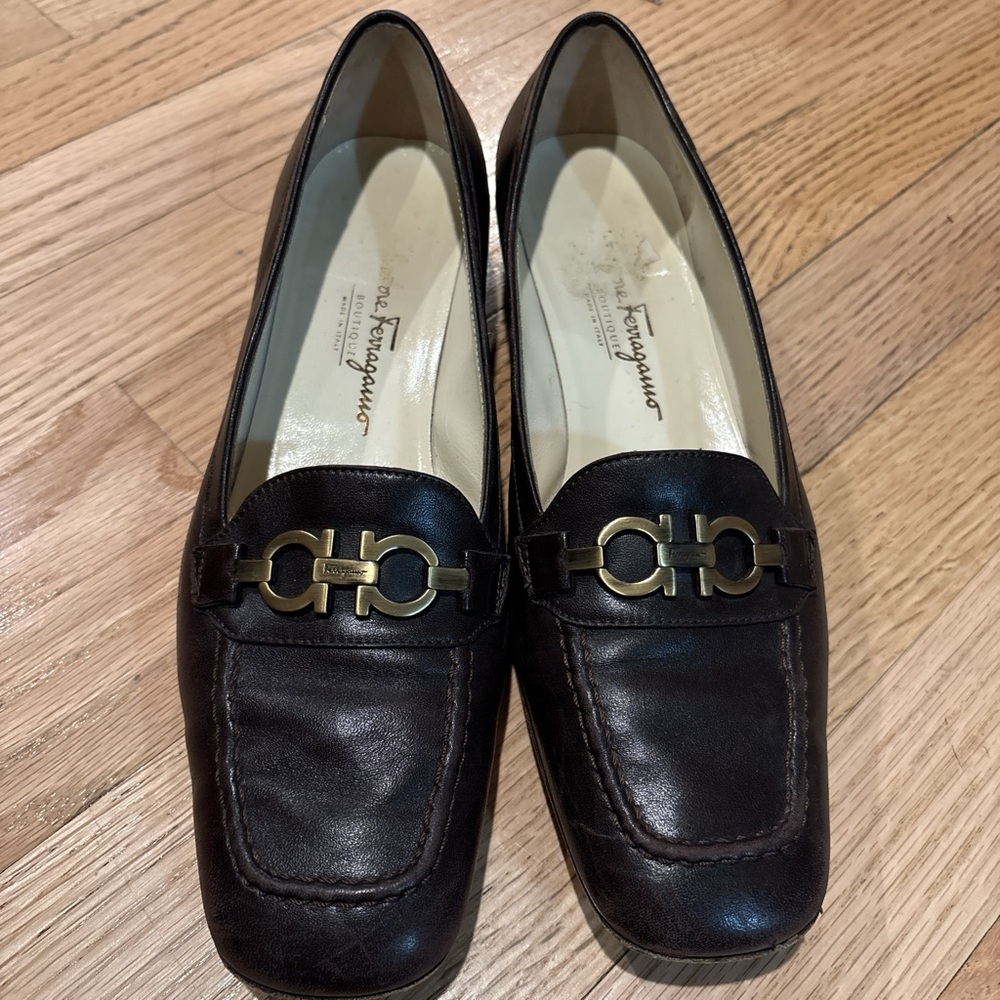 Salvatore Ferragamo Dark Brown Leather Loafers with Gold Accent
